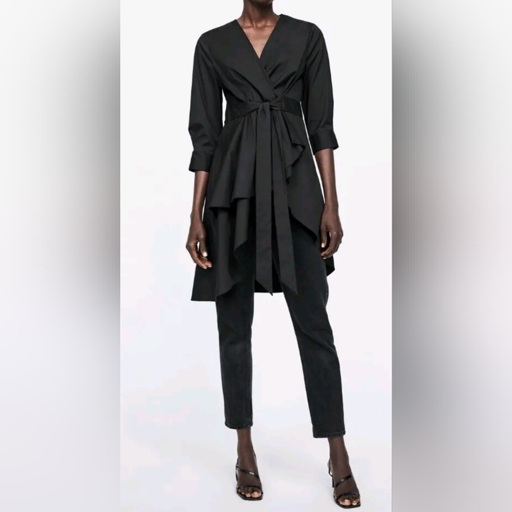 NWT ZARA BLACK ASYMMETRIC POPLIN TUNIC WITH BOW XS